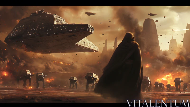 Cloaked commander watches starships unleash urban apocalypse.