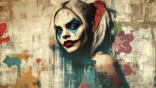 Clown makeup woman portrait on grunge textured wall art.