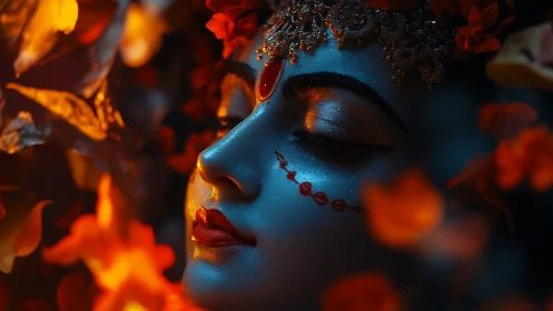 Divine blue portrait in ember bokeh with jeweled headpiece.