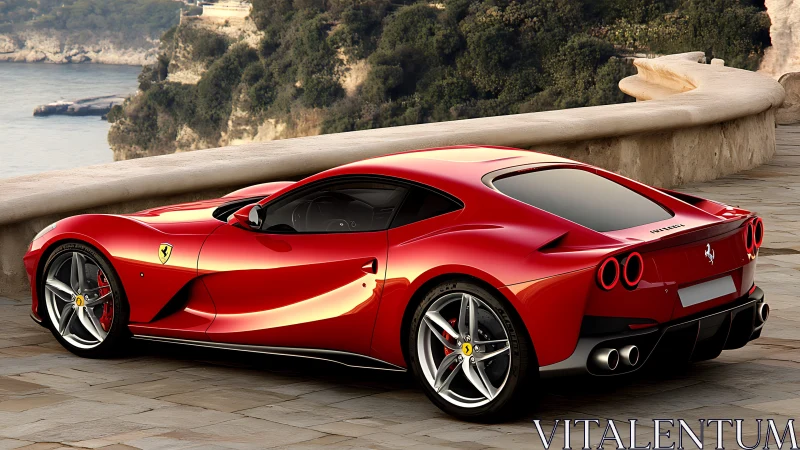 Crimson supercar lounges by a cliffside road in coastal light