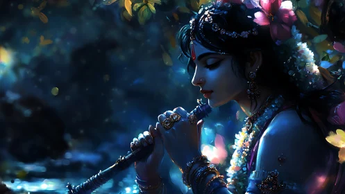 Mystical blue-skinned figure playing flute in night forest.