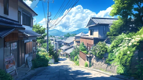 Sunlit Japanese hillside street descends toward distant mountains