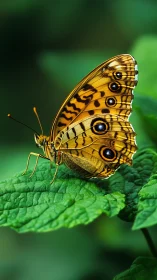 Orange patterned butterfly in profile on textured green leaf.