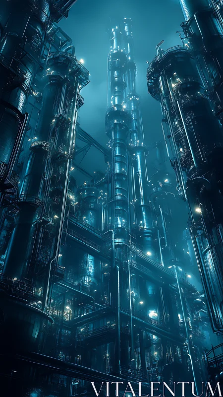 Monolithic cyberpunk refinery towers in neon teal haze.