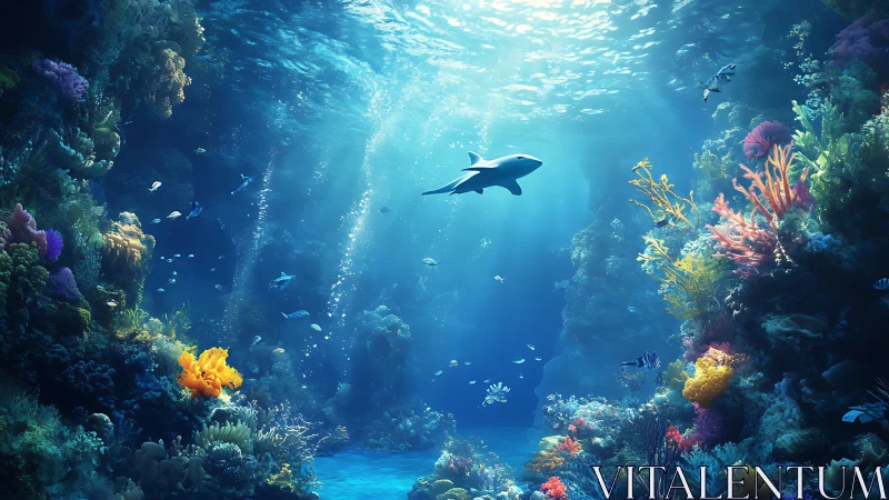 High-contrast coral reef ecosystem with volumetric caustic lighting