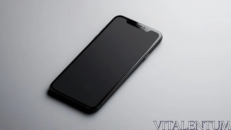 Black smartphone positioned at angle on neutral light gray surface