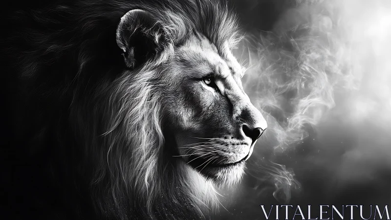 Monochrome lion profile in drifting ethereal smoke.