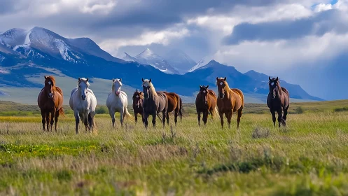 Wild horses stride across alpine meadow under storm light.