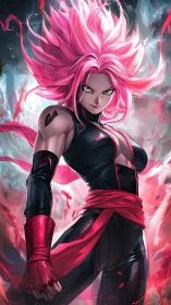 Fierce pink haired warrior glowing with unstoppable power.