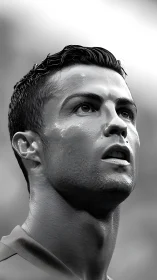 Monochrome close-up portrait of focused soccer player.