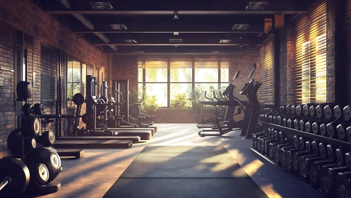Sunlit industrial gym interior with weights and machines.