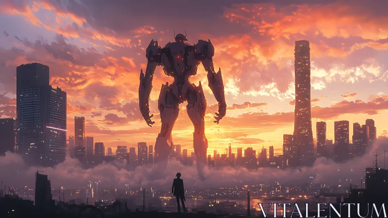 Giant combat mech facing dense futuristic city skyline at dusk.