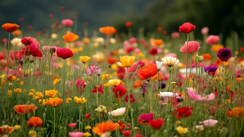 Vibrant Poppy Field Depth Study: Multi-Colored Blooms with Selective Focus