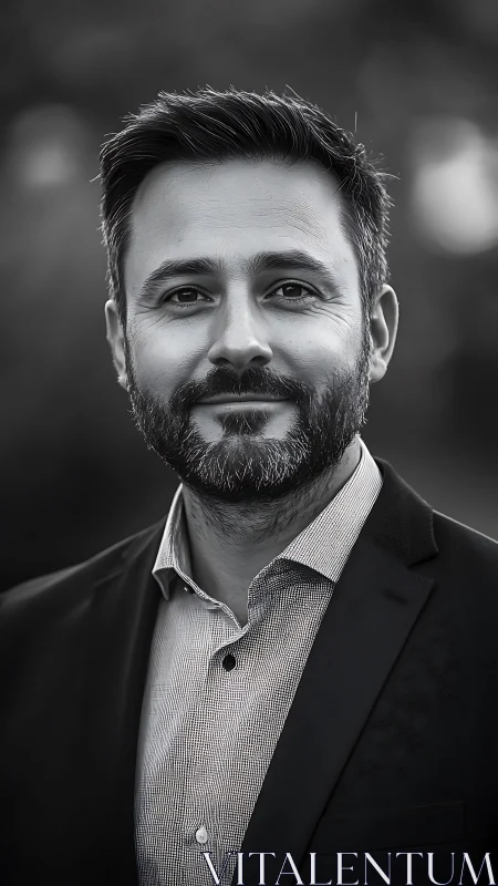 Monochrome corporate headshot of confident bearded man.