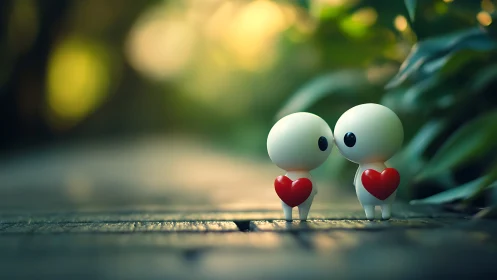 Two charming characters with hearts in a dreamy garden.