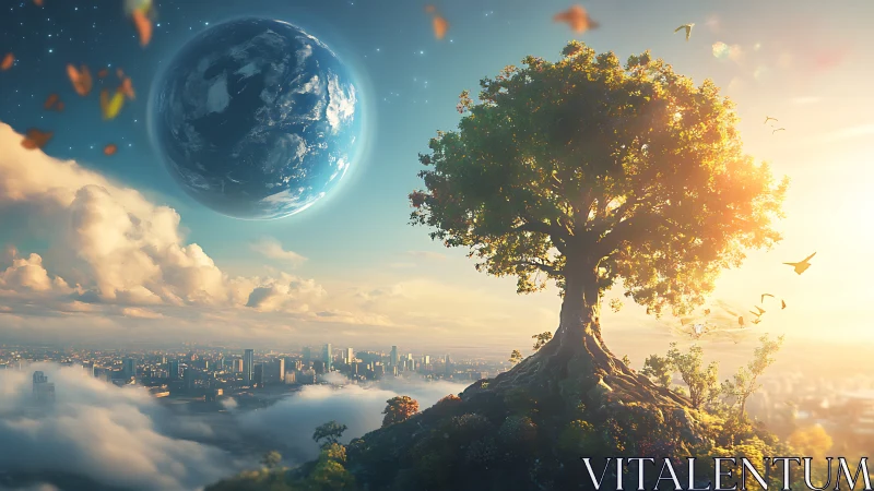 Skyrooted city guardian cradles dawn while another world hovers