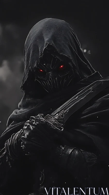 Hooded armored figure holds ornate dagger in low key lighting