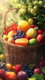 Sunlit wicker basket overflowing with mixed ripe garden fruit