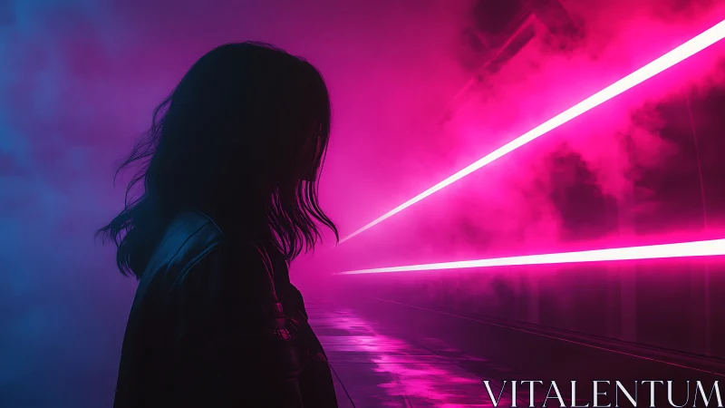 Neon tunnel loner bathed in electric magenta haze glow.