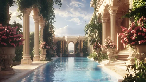 Sunlit neoclassical courtyard pool framed by floral colonnades