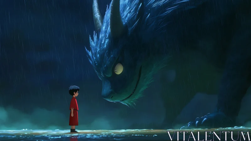 Child facing large horned creature in rainy night scene.