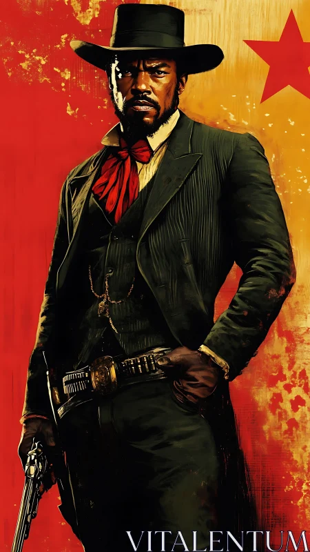 Confident black cowboy gunslinger against bold red backdrop.