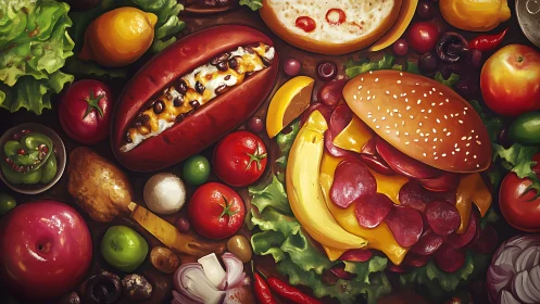 Vibrant digital feast with burger, hotdog, fruit, vegetables.
