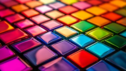 3D chromatic glass tiles in rhythmic grid composition.