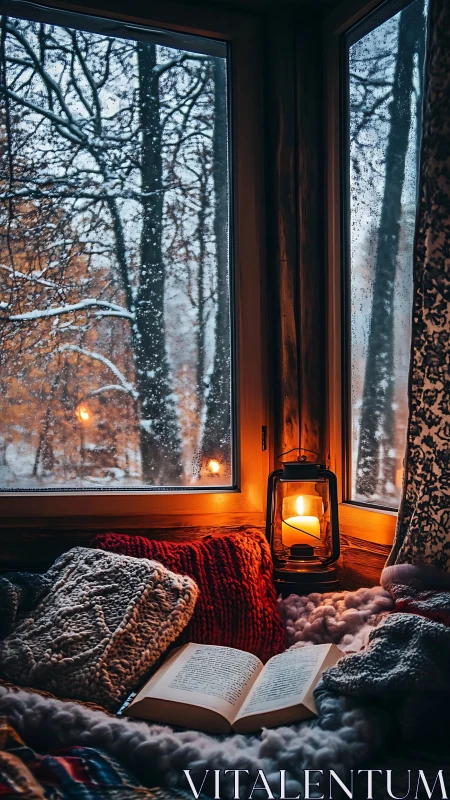Reading nook with candlelight facing snowy forest window