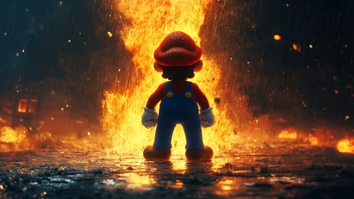 Stylized Character Figure in Explosive Fire Environment