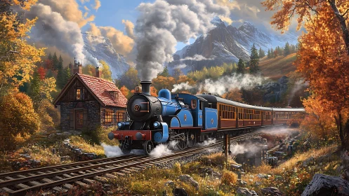 Steam train crossing autumn valley under snowcapped peaks.