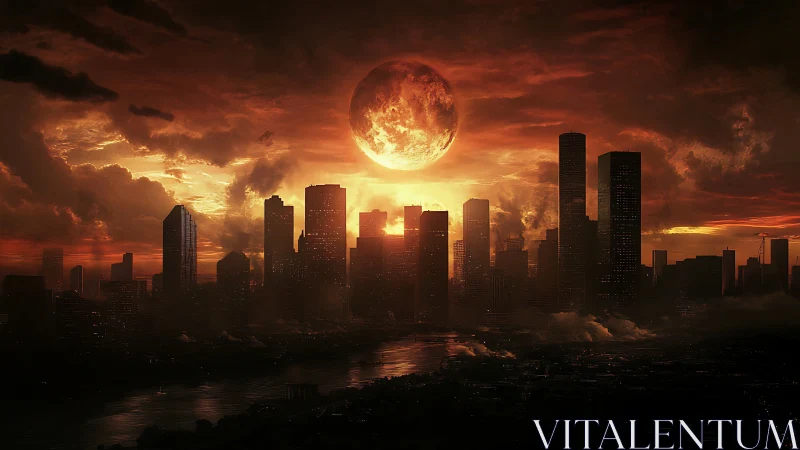 Molten sky hangs over a brooding city at fiery twilight