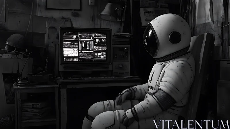 Solitary astronaut unwinds with retro screens in grayscale calm.