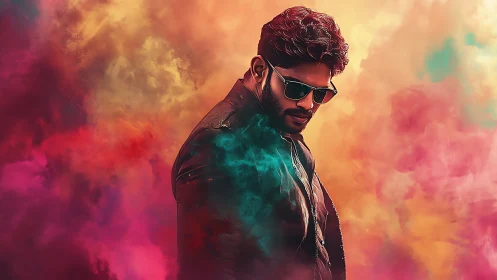 Confident man in sunglasses stands amid colorful swirling haze