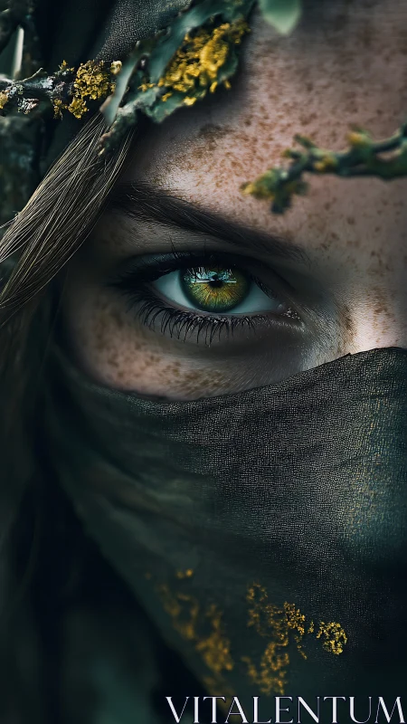 Close forest portrait of masked person with green eye.