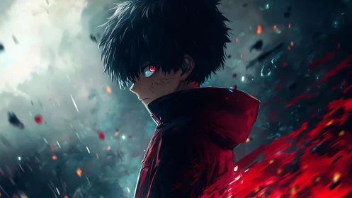 Side profile of hooded youth in stormlike digital scene