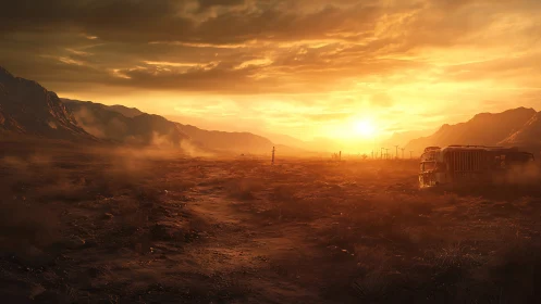 Desert sunset engulfs abandoned highway bus in dust.