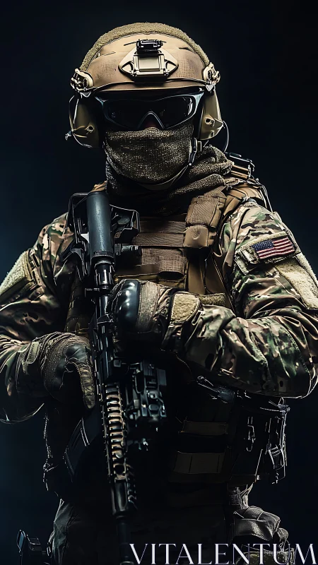 Calm, Battle-Ready Soldier Standing in Tactical Gear.