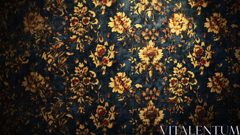 Velvet night tapestry dotted with golden vintage blooms.
