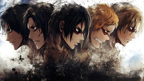 Profile lineup of five anime characters in dark splatter style.