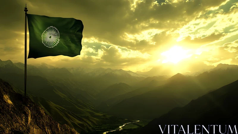 Lone green flag ripples above sunlit mountain valley at dusk