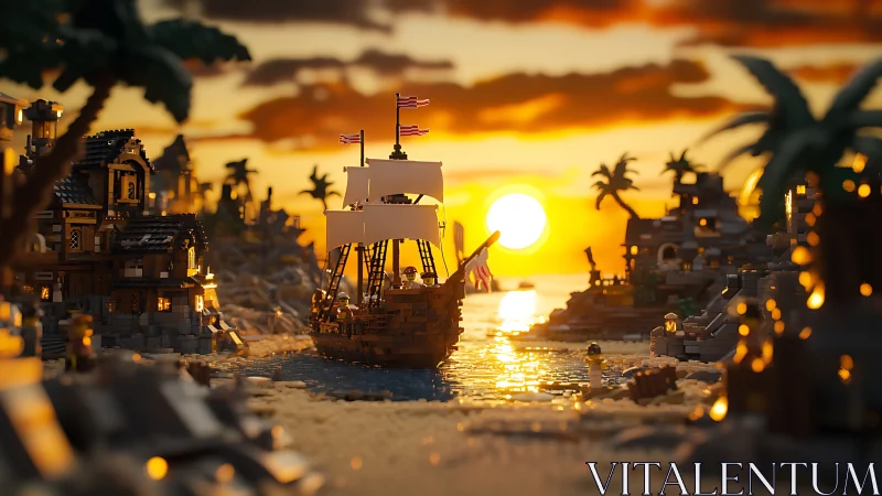 Procedurally-rendered miniature harbor scene with merchant vessel at golden hour diorama