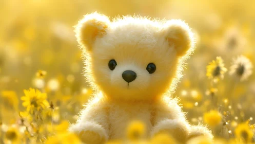 Soft teddy bear glowing in dreamy golden meadow light.