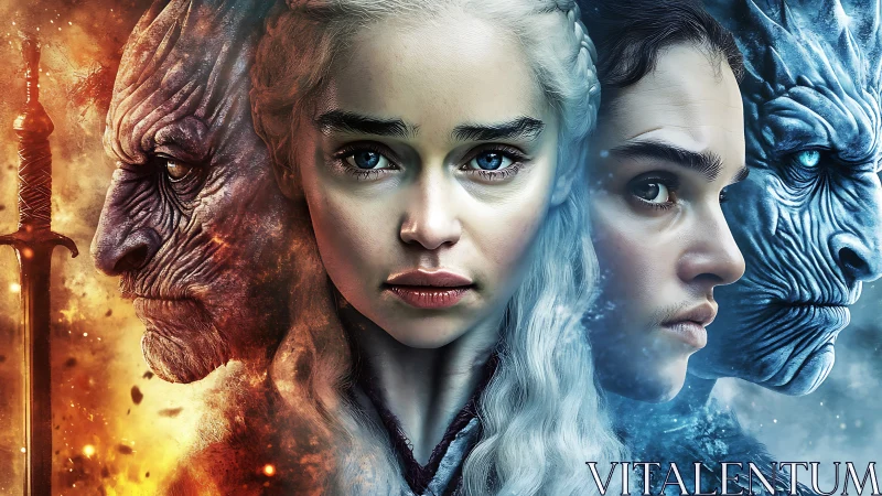 Fantasy hero portraits split by fire and ice sides. Period.