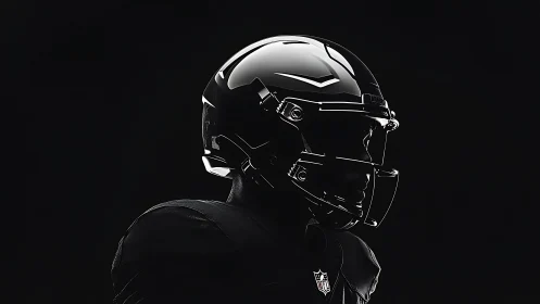 Low key profile of glossy black American football helmeted player
