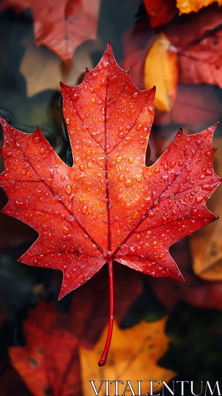 Red maple leaf glistens with raindrops over blurred autumn hues.