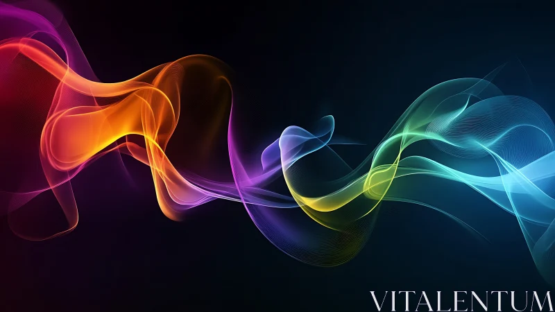 Multicolored light waveforms on dark digital background.