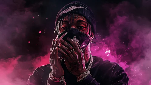 Digital painting portrait with neon vapor glow and masked figure.