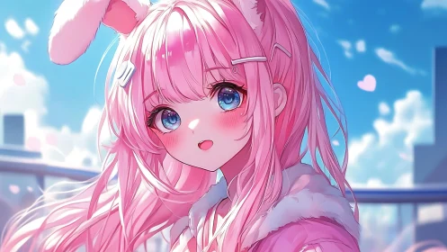 Pink haired bunny girl smiles under clear blue winter sky