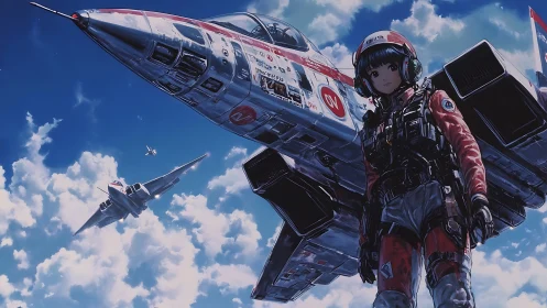 Anime fighter pilot with futuristic jets in bright sky.